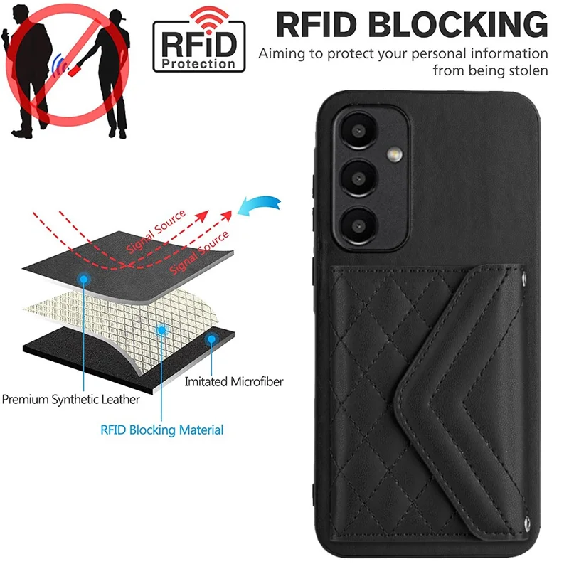 YB Leather Coating Series-8 For Samsung Galaxy A55 5G Shockproof Case RFID Blocking Kickstand Phone Cover - Black