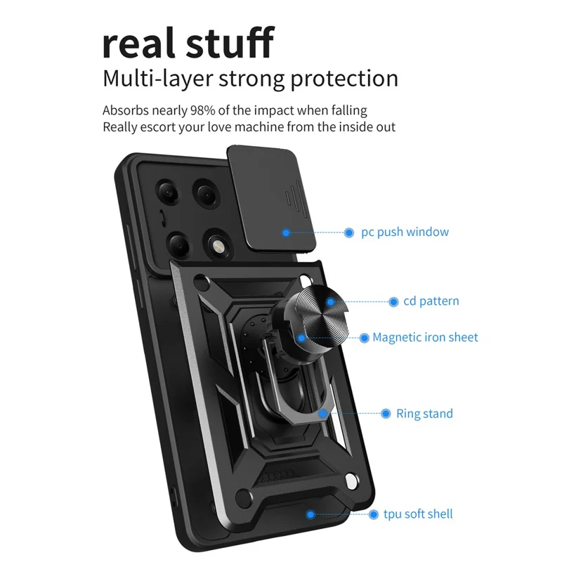 For Xiaomi Redmi Note 13 Pro 4G / Poco M6 Pro 4G Phone Case Slide Lens Guard Bump Proof PC+TPU Shell - Red