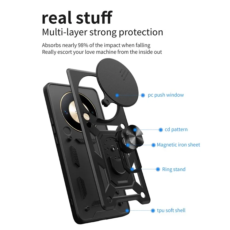 For Honor X9b 5G / Magic6 Lite 5G Handyhüllen TPU+PC Slide Lens Schutzabdeckung - Schwarz