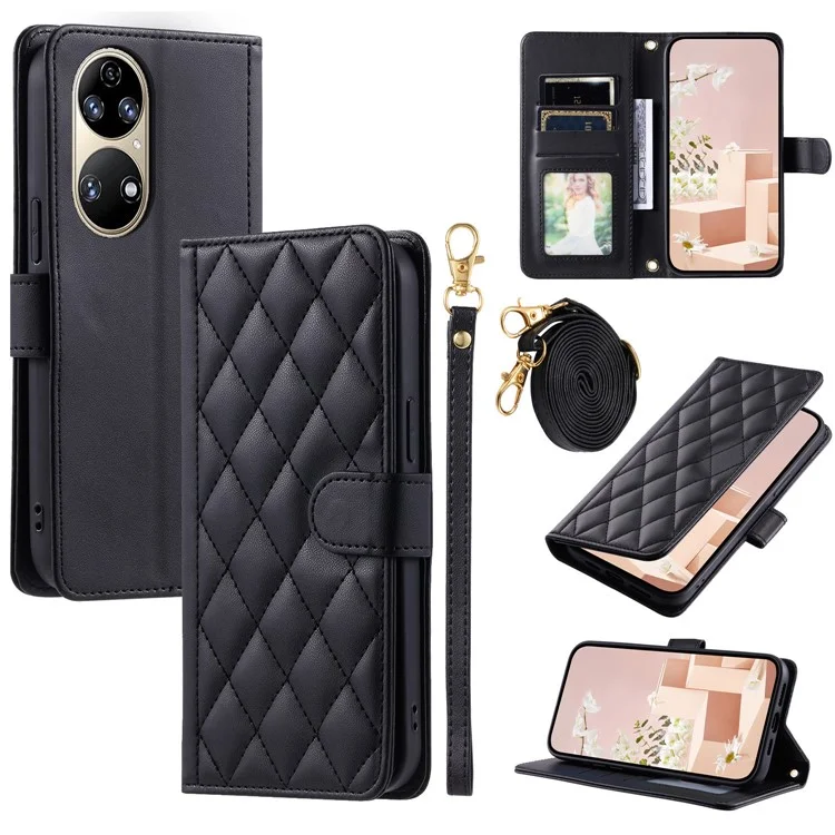 For Huawei P50 4G Case with Shoulder Strap Stand PU Leather Wallet Phone Cover - Black