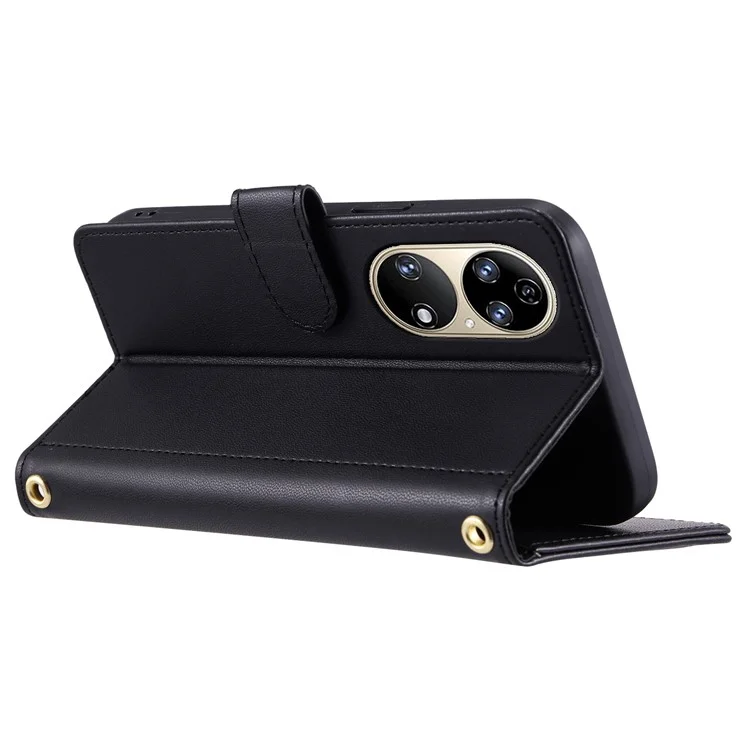 Para Huawei P50 4G Case Con Correa Para la Correa de Hombro PU Cuero de Cuero Cubierta Del Teléfono - Negro