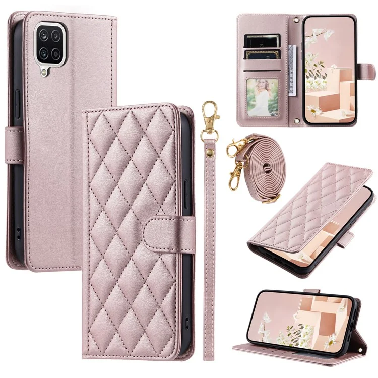 For Samsung Galaxy A12 Case Leather Wallet Flip Phone Cover with Shoulder Strap - Rose Gold