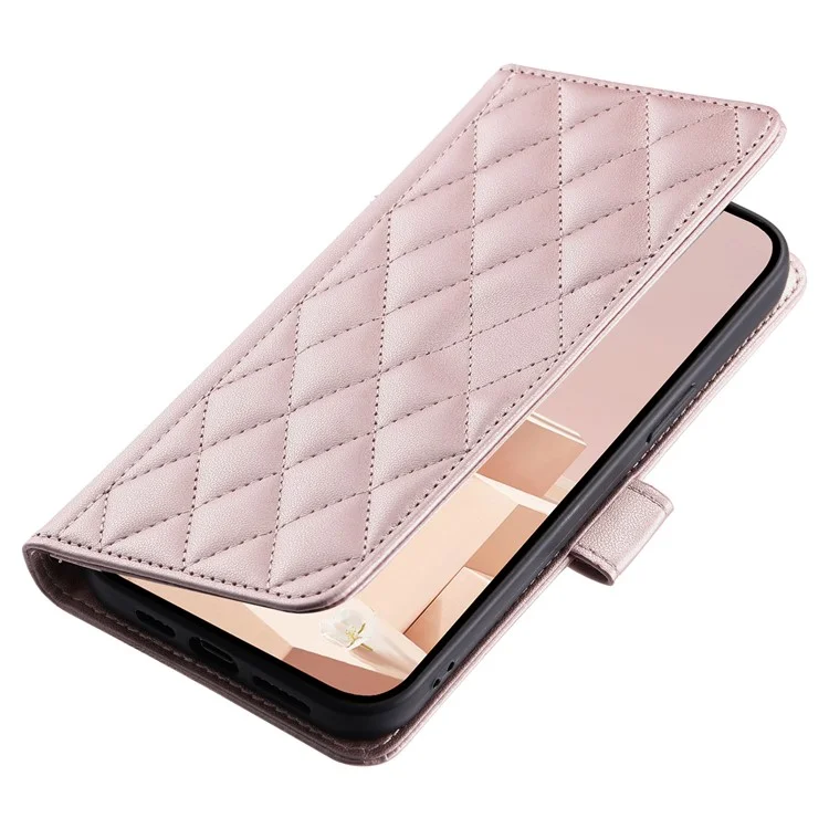 For Samsung Galaxy A12 Case Leather Wallet Flip Phone Cover with Shoulder Strap - Rose Gold