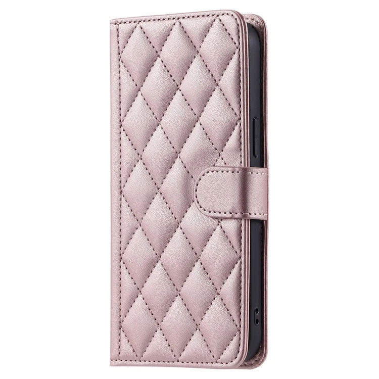 Para Samsung Galaxy A12 Case Coloque a Capa do Telefone da Carteira de Couro Com Alça de Ombro - Rosa Ouro