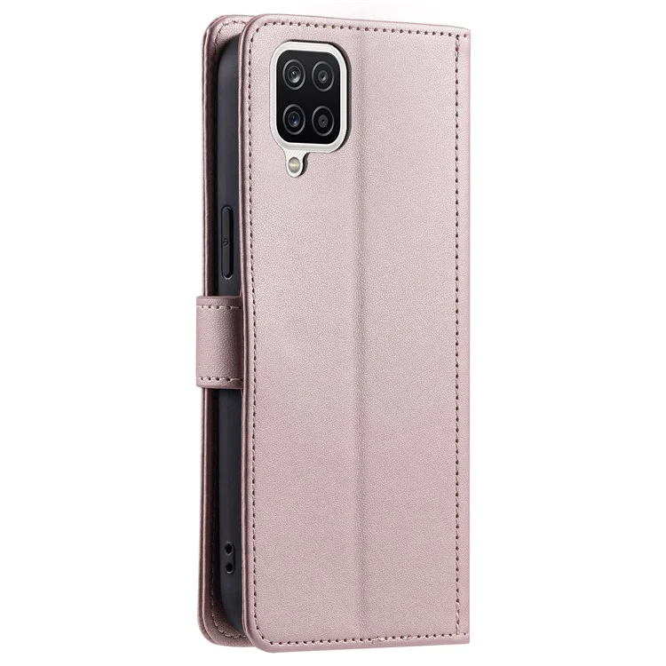 For Samsung Galaxy A12 Case Leather Wallet Flip Phone Cover with Shoulder Strap - Rose Gold