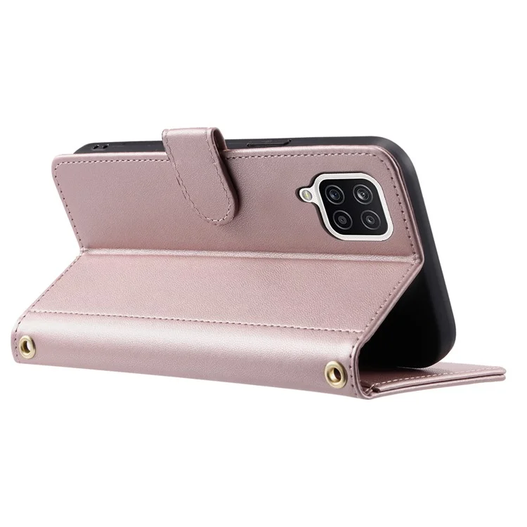 For Samsung Galaxy A12 Case Leather Wallet Flip Phone Cover with Shoulder Strap - Rose Gold