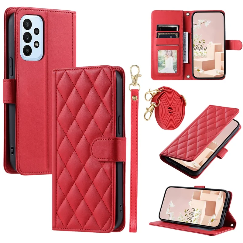 For Samsung Galaxy A73 5G Case Rhombus Grid PU Leather Crossbody Phone Cover - Red