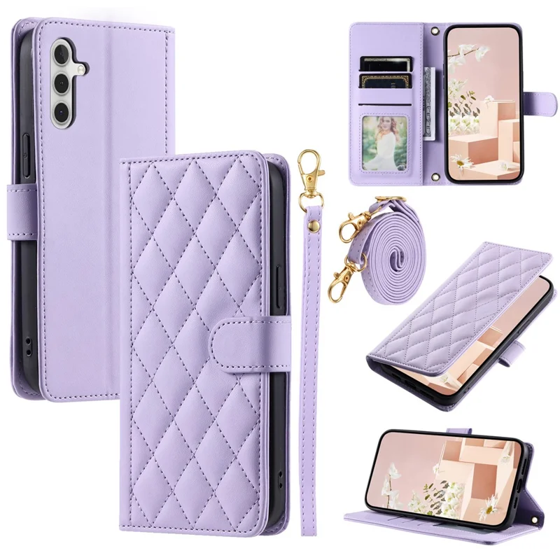 For Samsung Galaxy A24 4G (162.1 x 77.6 x 8.3mm) Case Wallet Leather Cover with Shoulder Strap - Purple