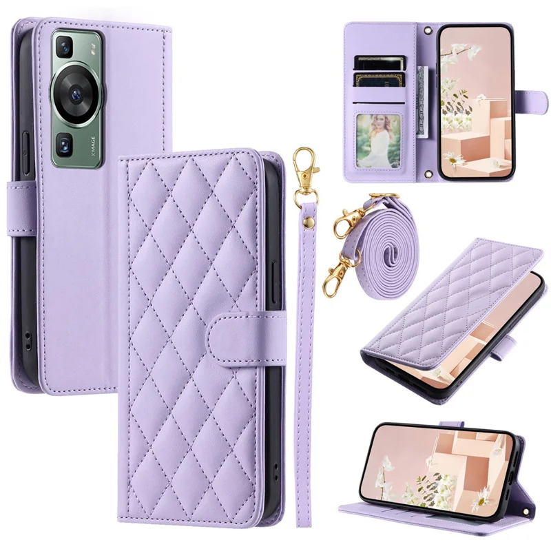 For Huawei P60 / P60 Pro Wallet Case Leather Phone Cover Rhombus Grid Pattern - Purple