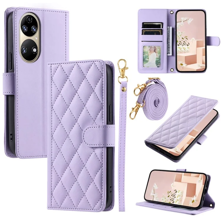Para Huawei P50 Pro 4G Case Rhombus Grid Crossbody Leather Phone Cover with Wallet - Roxo