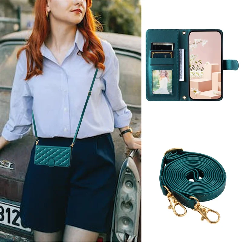 For Samsung Galaxy A54 5G Leather Case with Straps Wallet Rhombus Grid Phone Cover - Green