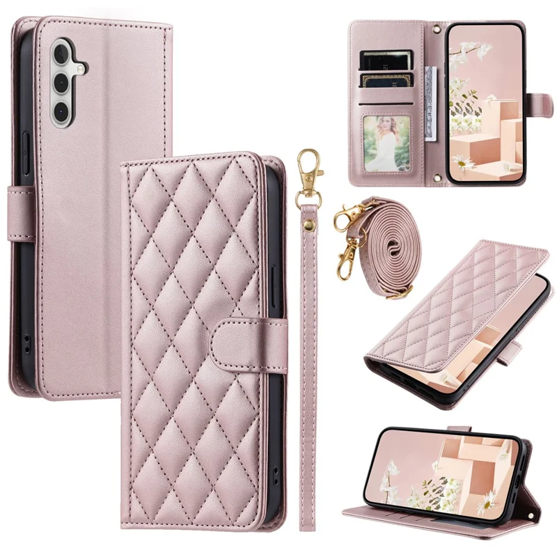 For Samsung Galaxy A54 5G Leather Case with Straps Wallet Rhombus Grid Phone Cover - Rose Gold