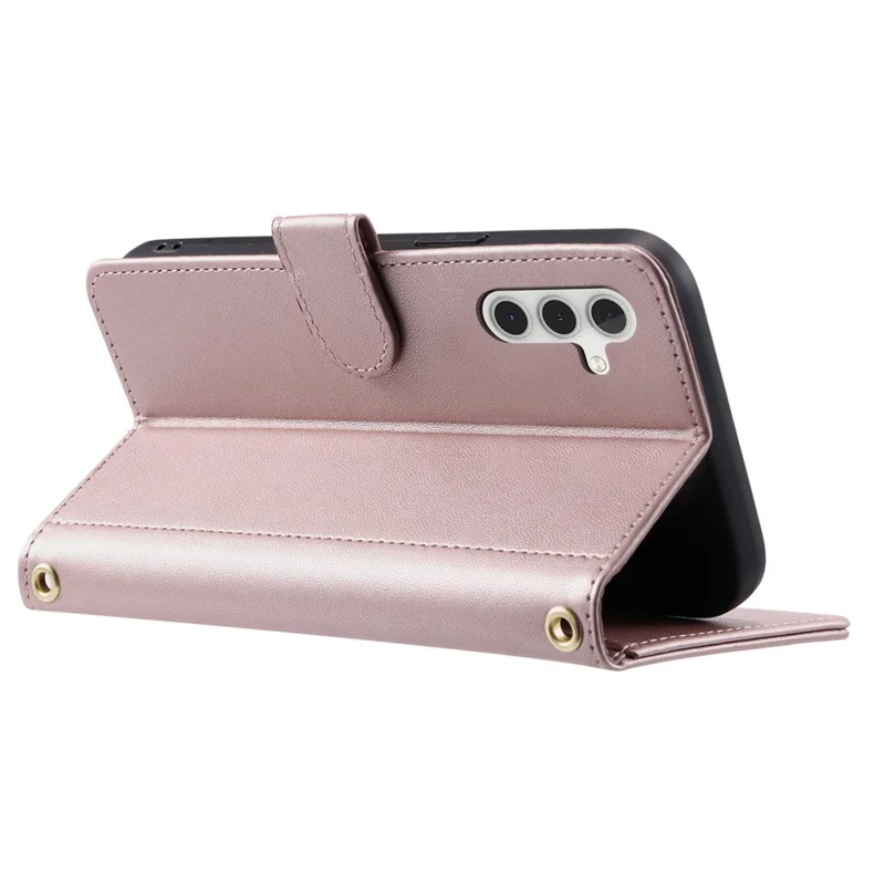 For Samsung Galaxy A54 5G Leather Case with Straps Wallet Rhombus Grid Phone Cover - Rose Gold