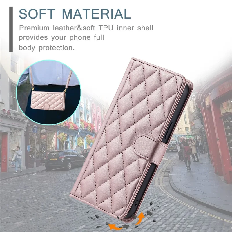 For Samsung Galaxy A54 5G Leather Case with Straps Wallet Rhombus Grid Phone Cover - Rose Gold