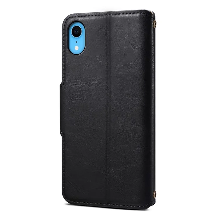 DENIOR For iPhone XR Case PU Leather Cowhide Texture Wallet Protective Phone Cover - Black