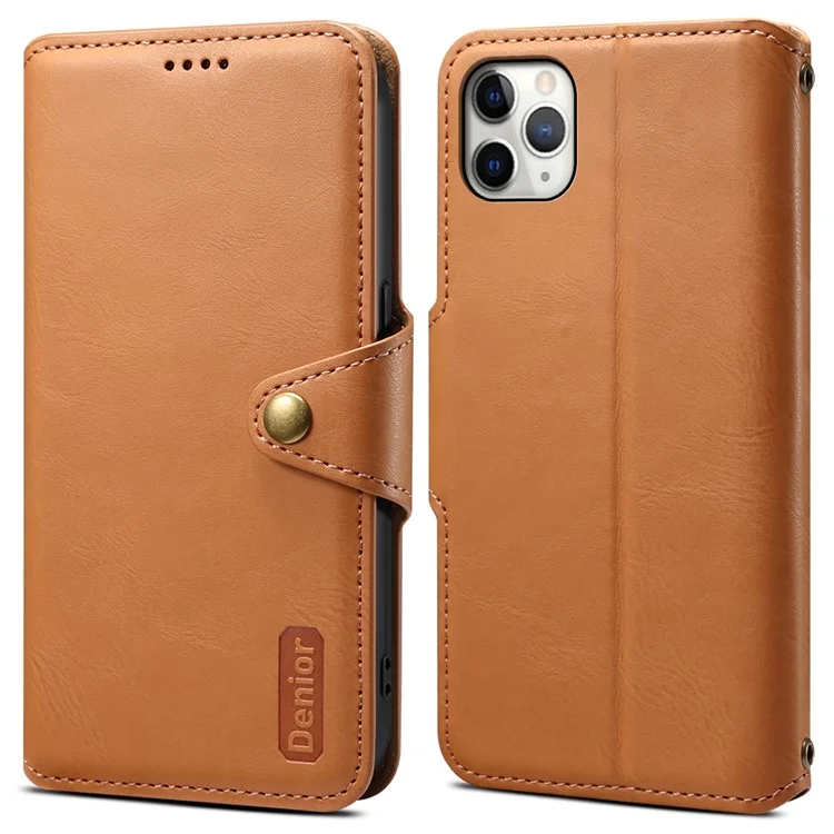 DENIOR For iPhone 11 Pro Max Leather Case Cowhide Texture Stand Cell Phone Cover - Khaki