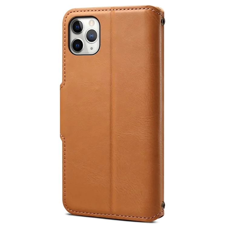 DENIOR For iPhone 11 Pro Max Leather Case Cowhide Texture Stand Cell Phone Cover - Khaki