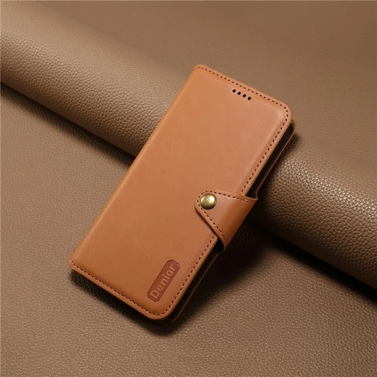 DENIOR For iPhone 11 Pro Max Leather Case Cowhide Texture Stand Cell Phone Cover - Khaki