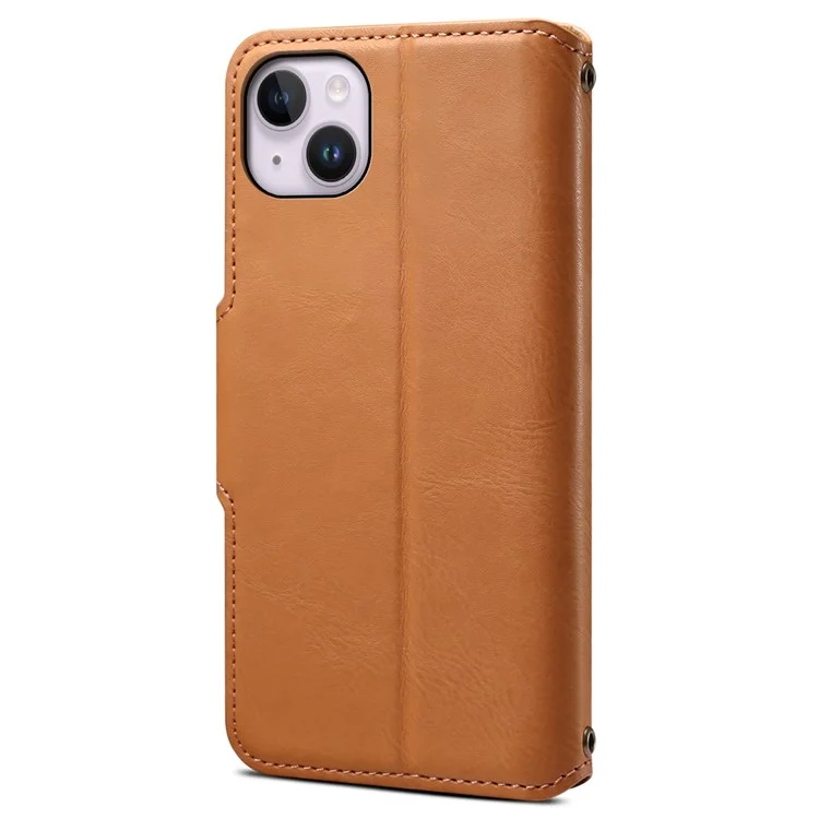 DENIOR For iPhone 14 Plus Shockproof Case Cowhide Texture Stand Mobile Phone Cover - Khaki