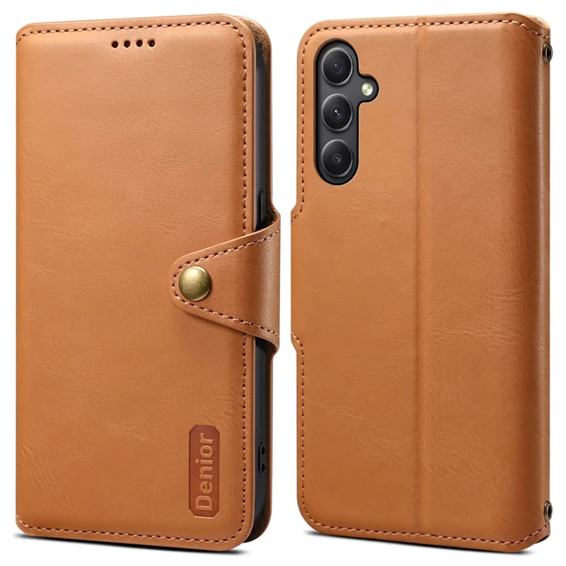 DENIOR For Samsung Galaxy A34 5G Phone Wallet Case Cowhide Texture PU Leather Cover - Khaki