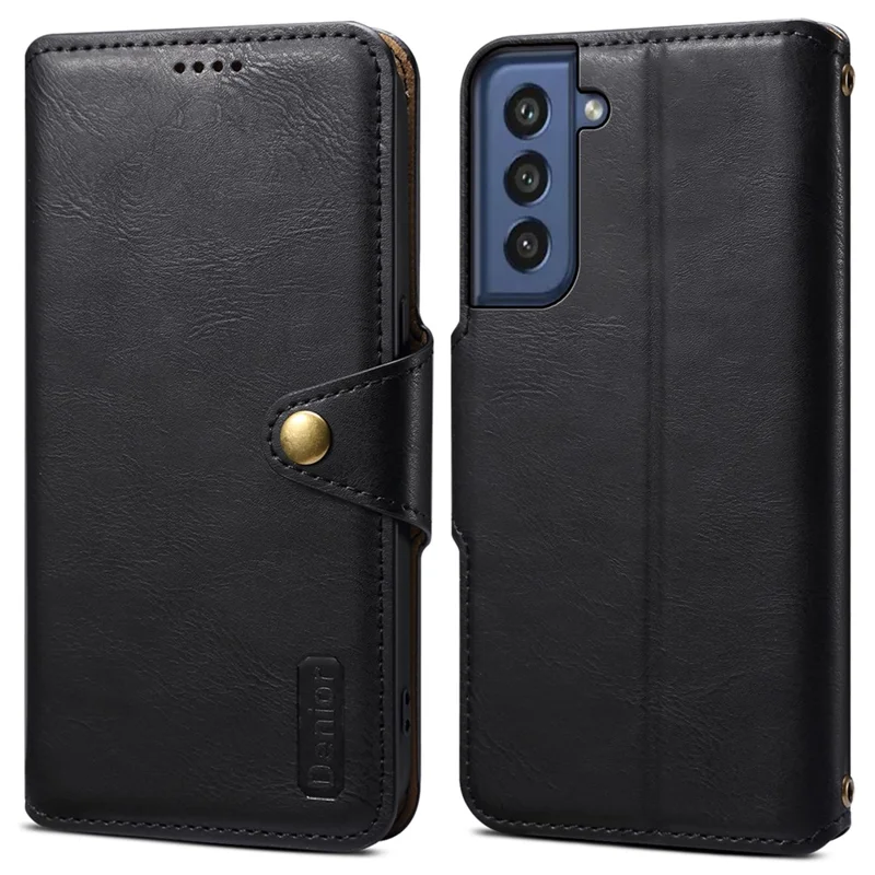 DENIOR For Samsung Galaxy S21 FE 5G Case Cowhide Texture Wallet Stand Leather Flip Cover - Black