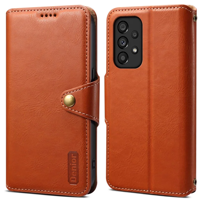 DENIOR For Samsung Galaxy A53 5G Wallet Case Cowhide Texture Phone Cover Folding Stand - Brown