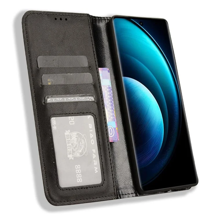 Para Vivo X100 Pro 5g Caso Flip Wallet Retro Flip Flip Tampa do Telefone Fechamento Magnético - Preto