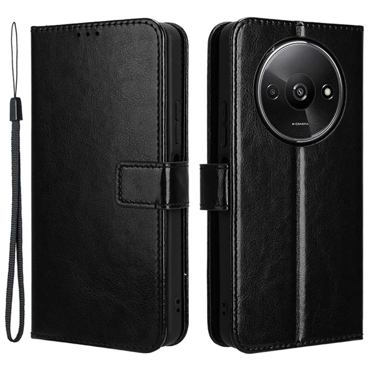 For Xiaomi Redmi A3 4G / Poco C61 4G Wallet Case Crazy Horse Texture Leather Phone Cover Viewing Stand - Black