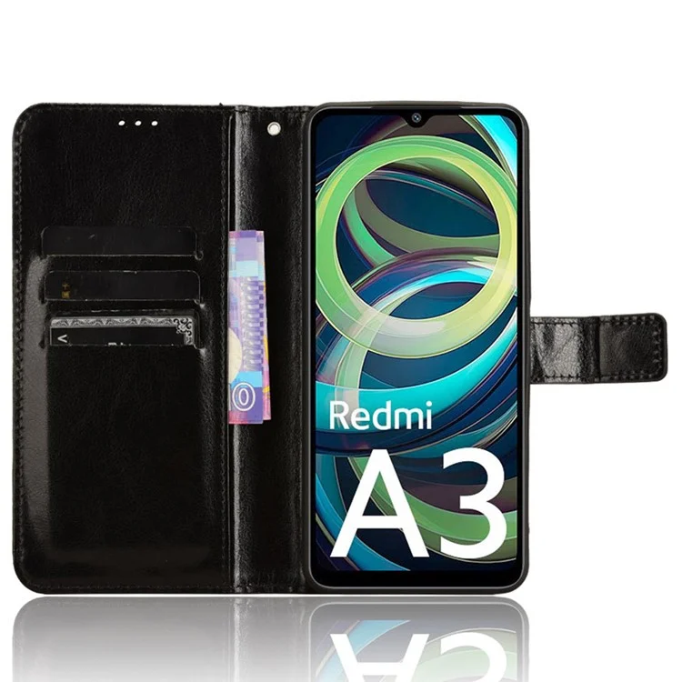 For Xiaomi Redmi A3 4G / Poco C61 4G Wallet Case Crazy Horse Texture Leather Phone Cover Viewing Stand - Black