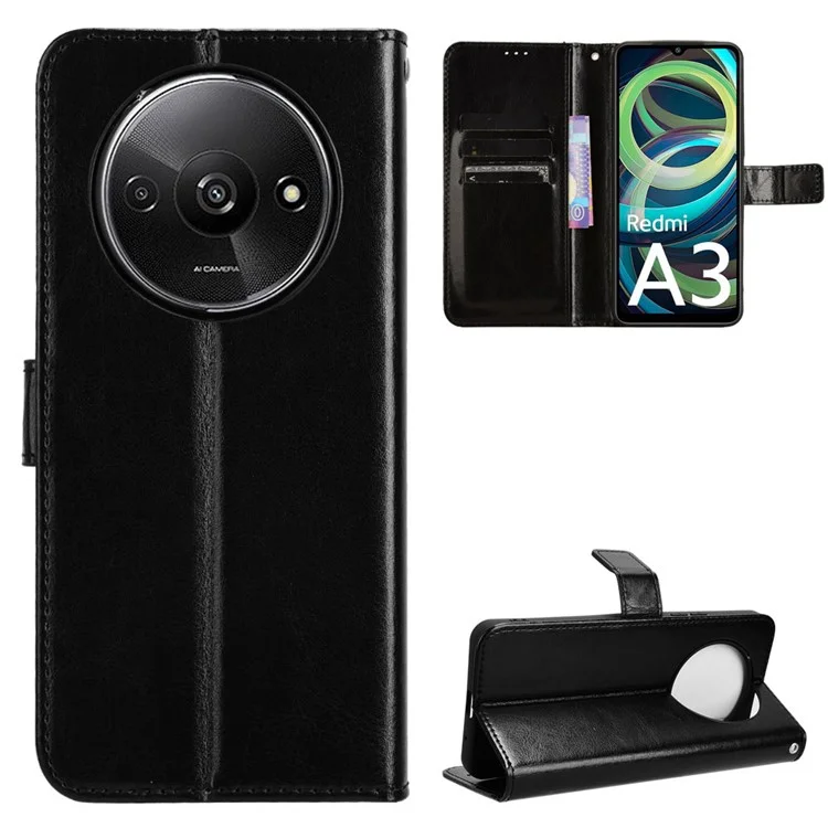 For Xiaomi Redmi A3 4G / Poco C61 4G Wallet Case Crazy Horse Texture Leather Phone Cover Viewing Stand - Black