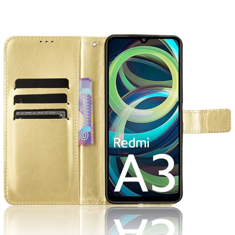 For Xiaomi Redmi A3 4G / Poco C61 4G Wallet Case Crazy Horse Texture Leather Phone Cover Viewing Stand - Gold