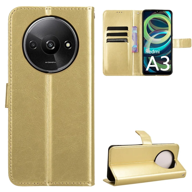 For Xiaomi Redmi A3 4G / Poco C61 4G Wallet Case Crazy Horse Texture Leather Phone Cover Viewing Stand - Gold