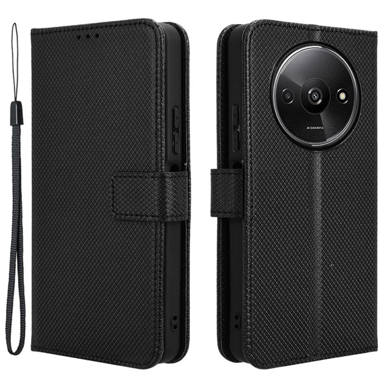 Para Xiaomi Redmi A3 4G / Poco C61 4G Capa Textura de Diamante Flip Folio Capa de Couro para Celular - Preto