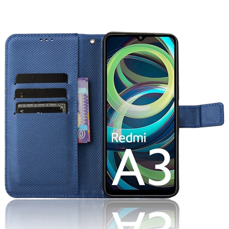For Xiaomi Redmi A3 4G / Poco C61 4G Case Diamond Texture Flip Folio Leather Cell Phone Cover - Blue