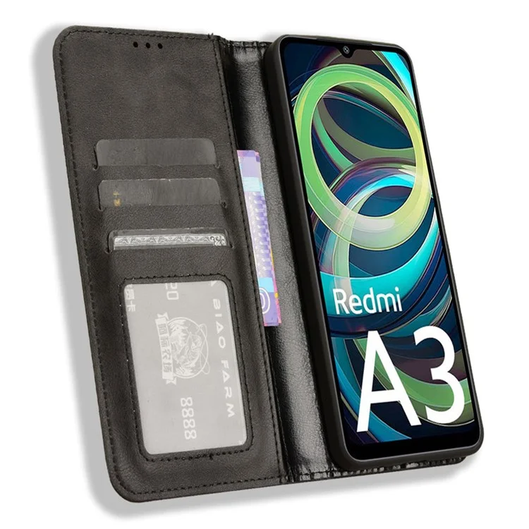 Para Xiaomi Redmi A3 4G / Poco C61 4G Vintage Leather Case Folio Flip Wallet Phone Cover - Negro