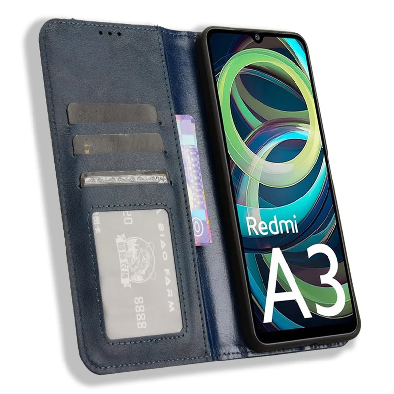 For Xiaomi Redmi A3 4G / Poco C61 4G Vintage Leather Case Folio Flip Wallet Phone Cover - Blue