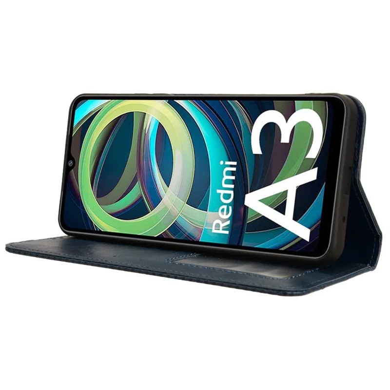 For Xiaomi Redmi A3 4G / Poco C61 4G Vintage Leather Case Folio Flip Wallet Phone Cover - Blue