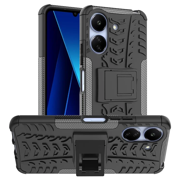 Für Xiaomi Redmi 13C 4G / Poco C65 4G Hülle mit Ständer Reifenmuster PC+TPU Stoßfeste Handyhülle - Schwarz