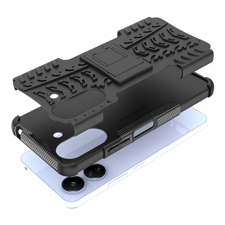 Para Xiaomi Redmi 13C 4G / Poco C65 4G Case Con Patrón de Neumáticos de Kickstand PC+TPU Cubierta de Teléfono a Prueba de Amortiguadores - Negro