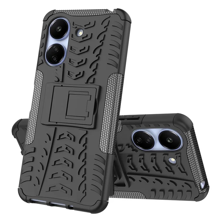 Für Xiaomi Redmi 13C 4G / Poco C65 4G Hülle mit Ständer Reifenmuster PC+TPU Stoßfeste Handyhülle - Schwarz