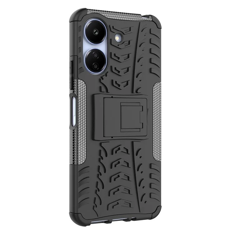 Para Xiaomi Redmi 13C 4G / Poco C65 4G Case Con Patrón de Neumáticos de Kickstand PC+TPU Cubierta de Teléfono a Prueba de Amortiguadores - Negro