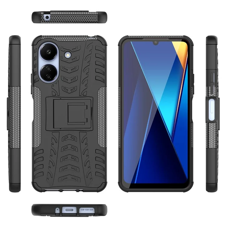 Für Xiaomi Redmi 13C 4G / Poco C65 4G Hülle mit Ständer Reifenmuster PC+TPU Stoßfeste Handyhülle - Schwarz