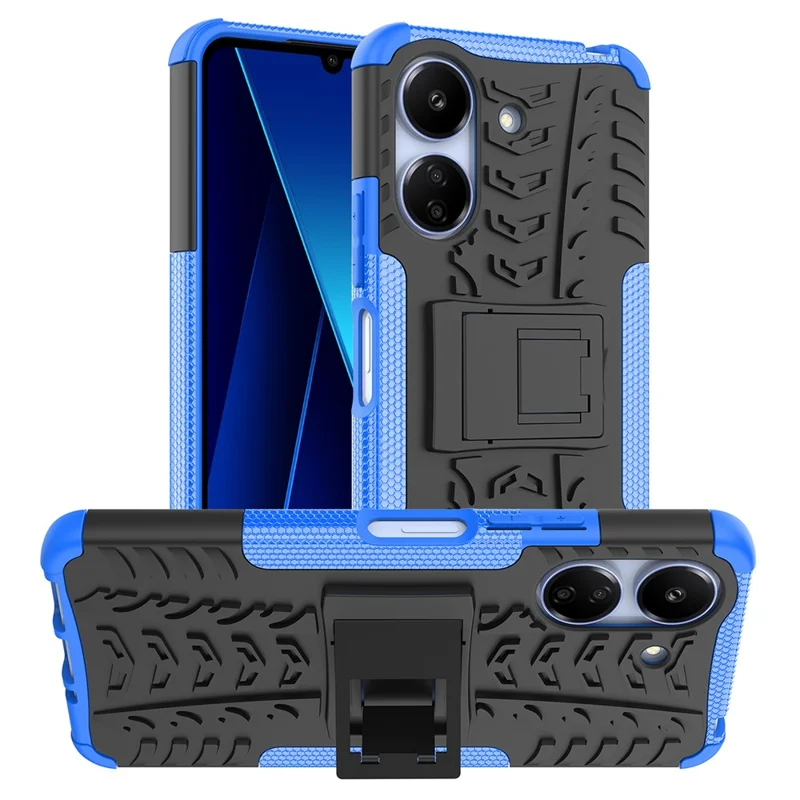 For Xiaomi Redmi 13C 4G / Poco C65 4G Case with Kickstand Tyre Pattern PC+TPU Shockproof Phone Cover - Blue
