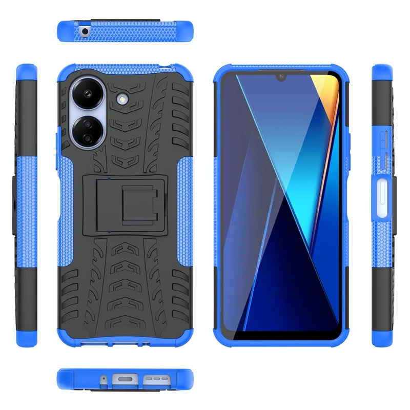 For Xiaomi Redmi 13C 4G / Poco C65 4G Case with Kickstand Tyre Pattern PC+TPU Shockproof Phone Cover - Blue