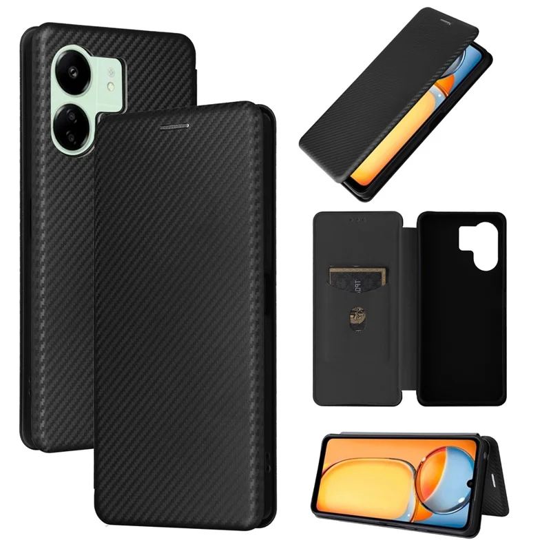 For Xiaomi Redmi 13C 5G / 13R 5G / Poco M6 5G Case PU Leather Carbon Fiber Texture Phone Cover - Black