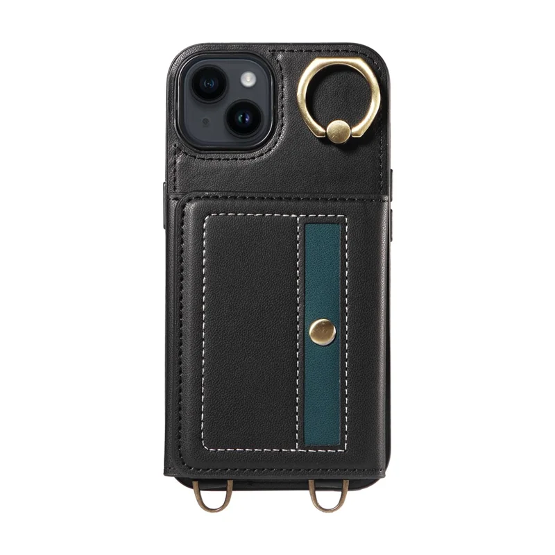 007 For iPhone 14 Case Ring Kickstand PU Leather+TPU Shockproof Phone Cover - Black