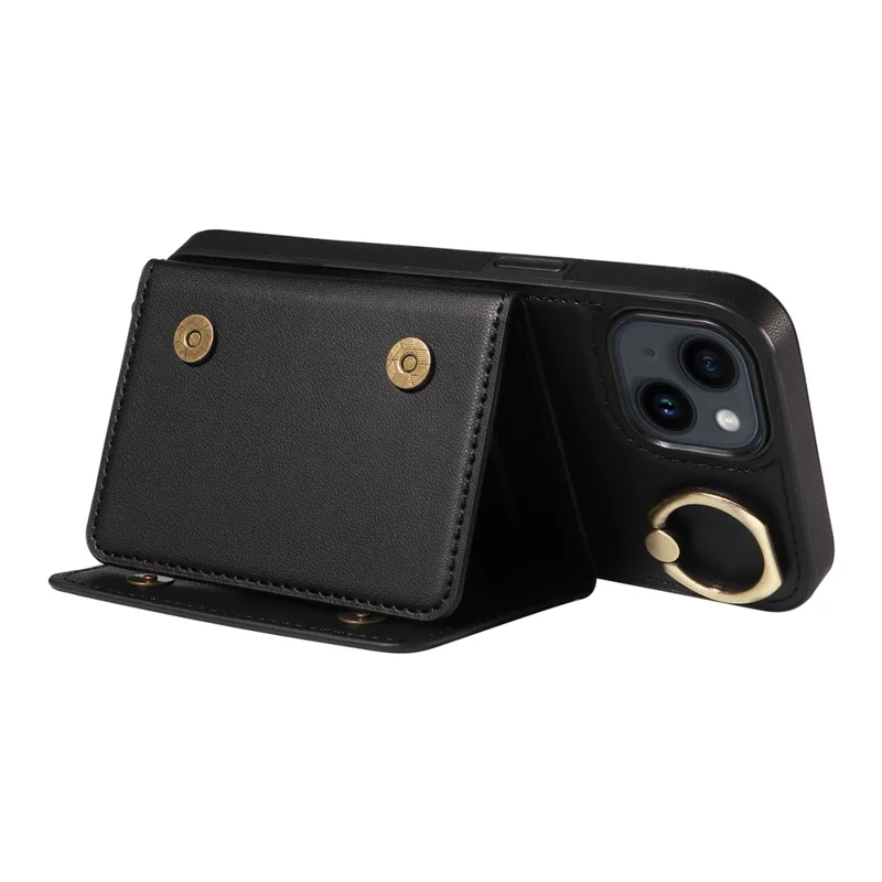 007 For iPhone 14 Case Ring Kickstand PU Leather+TPU Shockproof Phone Cover - Black