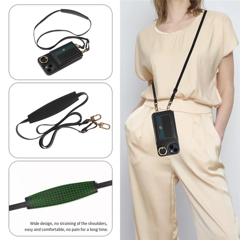 007 For iPhone 14 Case Ring Kickstand PU Leather+TPU Shockproof Phone Cover - Black