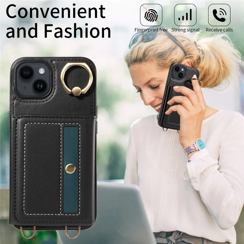 007 For iPhone 14 Case Ring Kickstand PU Leather+TPU Shockproof Phone Cover - Black
