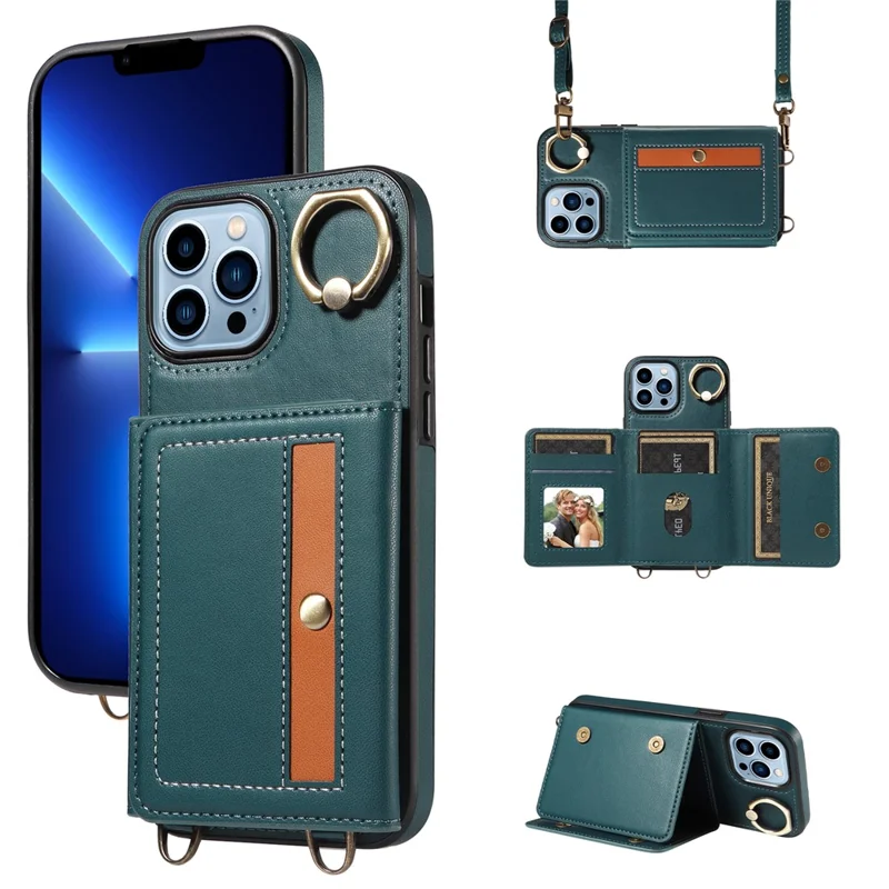 007 For iPhone 13 Pro Max Case Ring Kickstand PU Leather Coated TPU Phone Cover - Blue